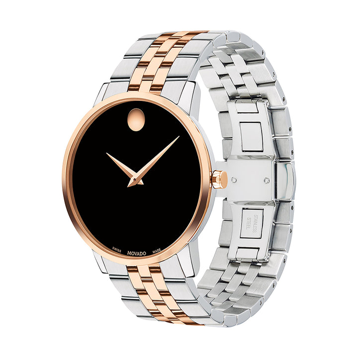 Movado Men's Black Dial Watch Rose Gold Tone Case Quartz