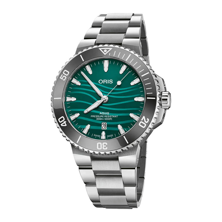 Oris Men's Aquis Silver Tone Case  Green Dial Automatic Watch