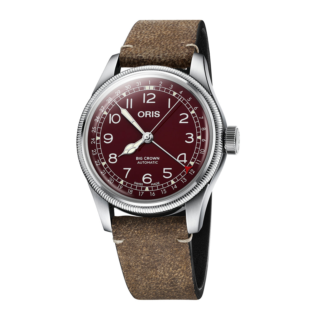Oris Men's Silver Tone Case Red Dial Pointer Date Automatic Watch