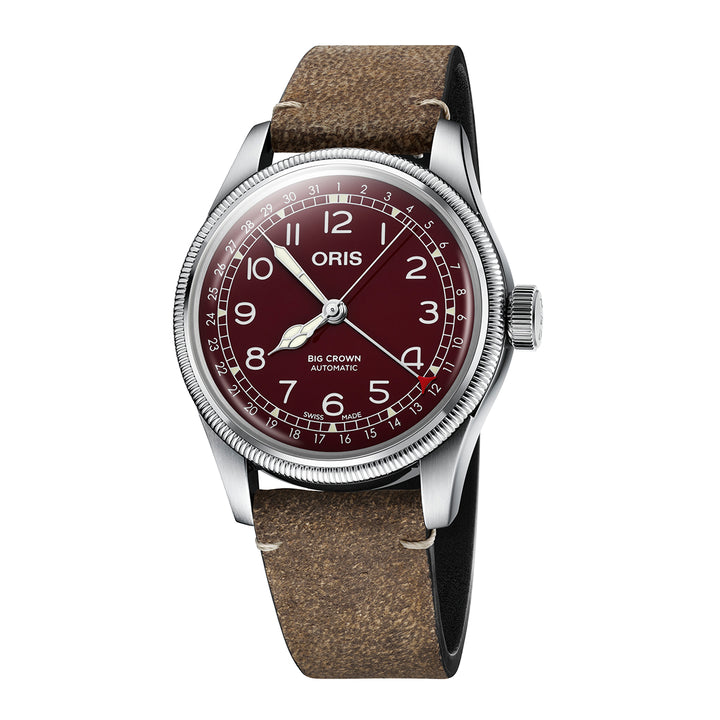 Oris Men's Silver Tone Case Red Dial Pointer Date Automatic Watch