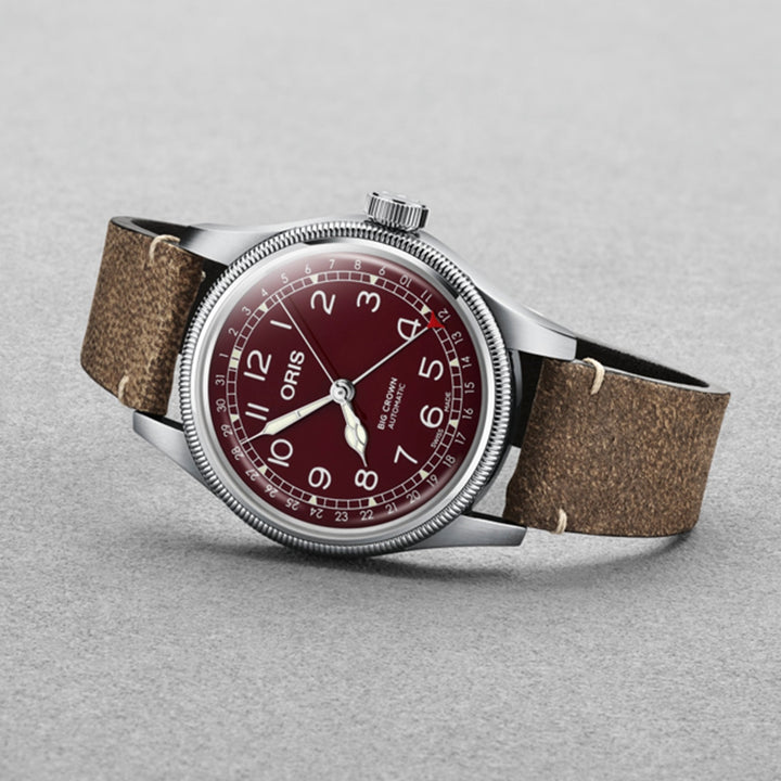 Oris Men's Silver Tone Case Red Dial Pointer Date Automatic Watch