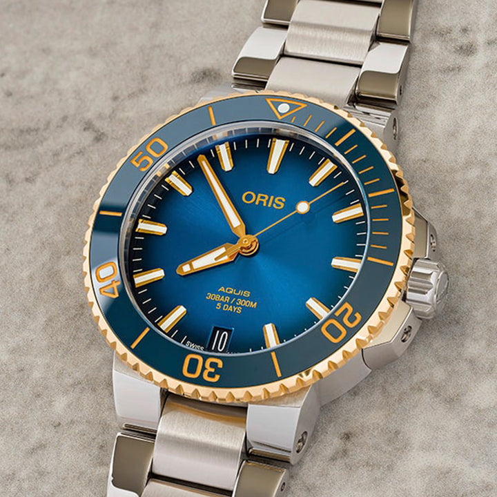 Oris Men's Silver & Gold Tone Case Blue Dial Automatic Watch