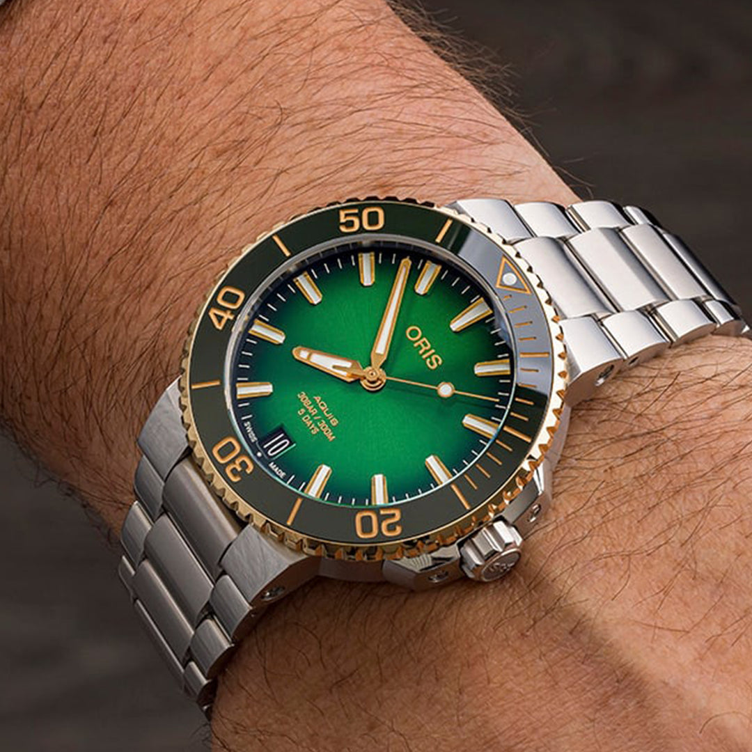 Oris Men's Silver & Gold Tone Case Green Dial Automatic Watch