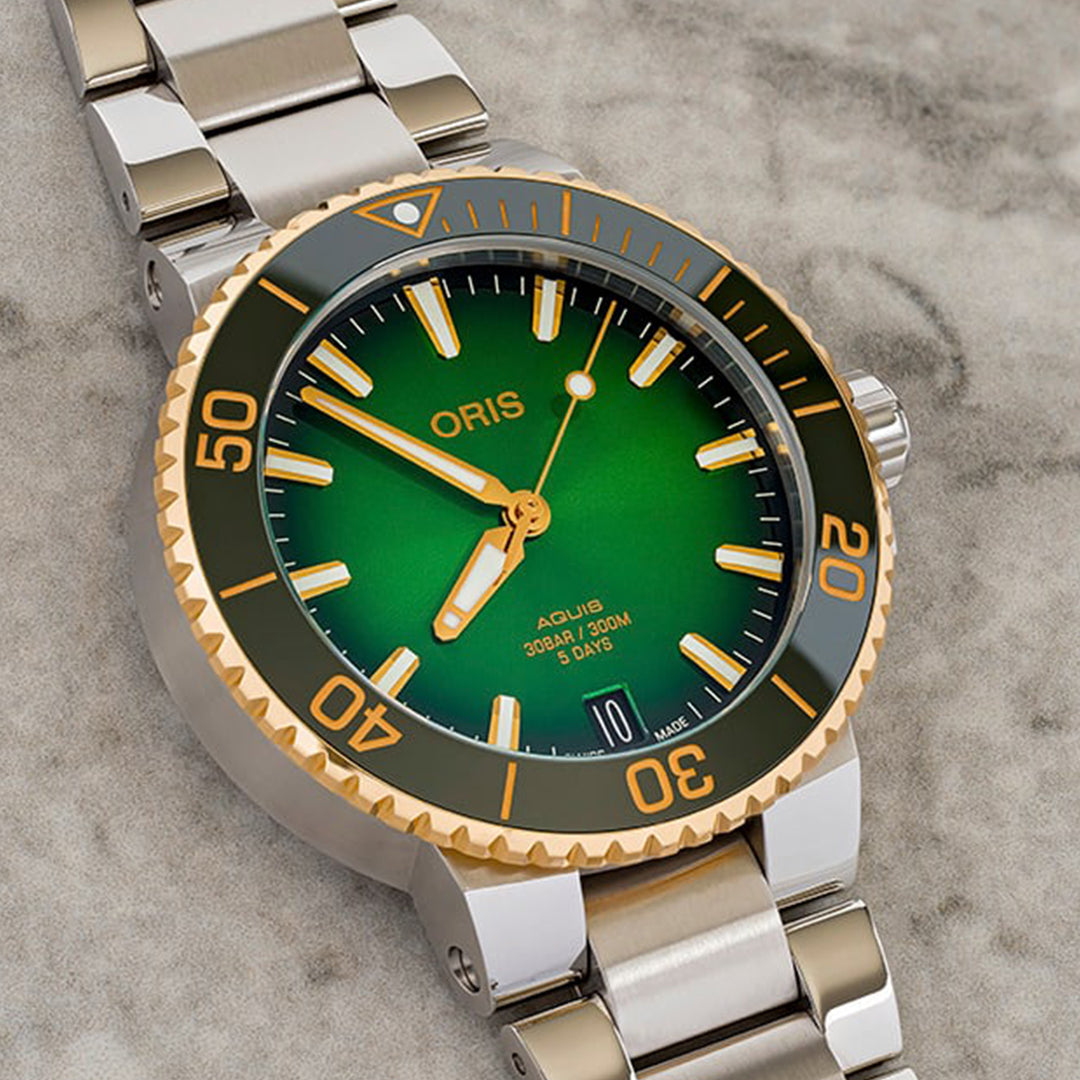 Oris Men's Silver & Gold Tone Case Green Dial Automatic Watch