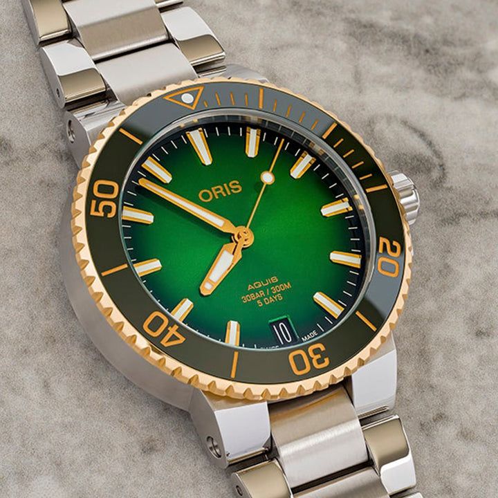 Oris Men's Silver & Gold Tone Case Green Dial Automatic Watch