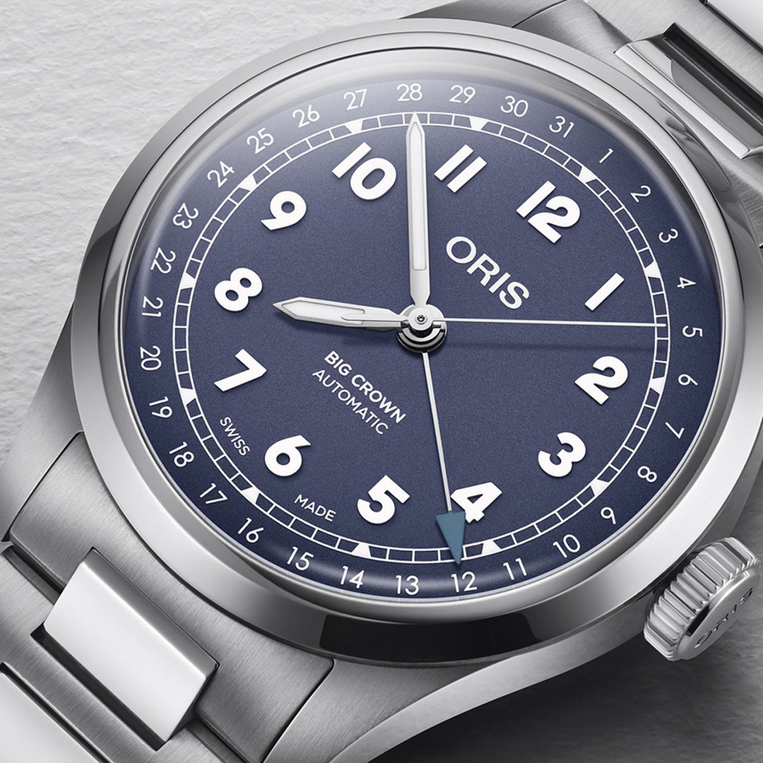 Oris Men's Silver Tone Case Purple Dial Pointer Date Automatic Watch