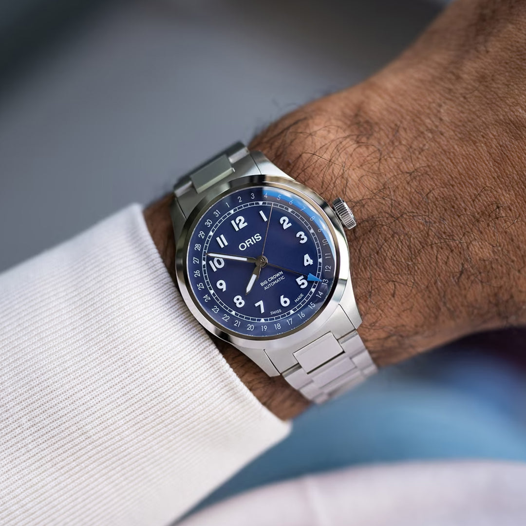 Oris Men's Silver Tone Case Purple Dial Pointer Date Automatic Watch