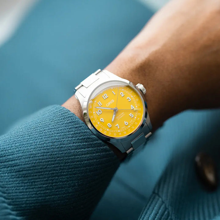 Oris Men's Silver Tone Case Yellow Dial Automatic Watch