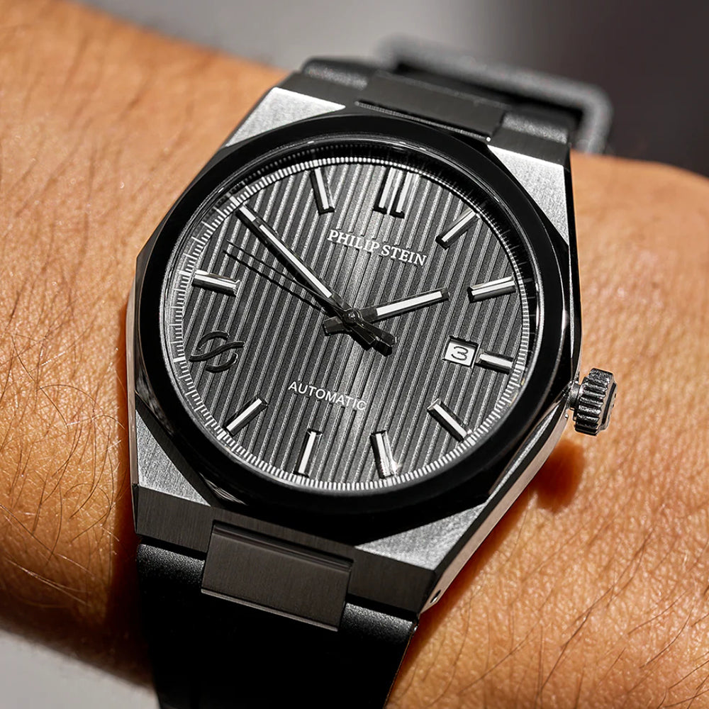 Philip Stein Men's Speed Automatic Watch in Black Dial and Rubber Strap
