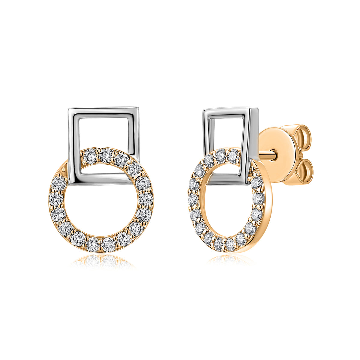 Interlocking Circle & Square Natural Diamond Earrings in 18K Two-Tone Yellow & White Gold CK174586