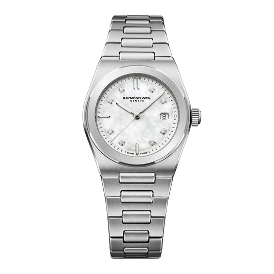 RAYMOND WEIL A.R.T. MOTHER-OF-PEARL DIAL INTEGRATED STAINLESS STEEL BRACELET QUARTZ WATCH 30 MM