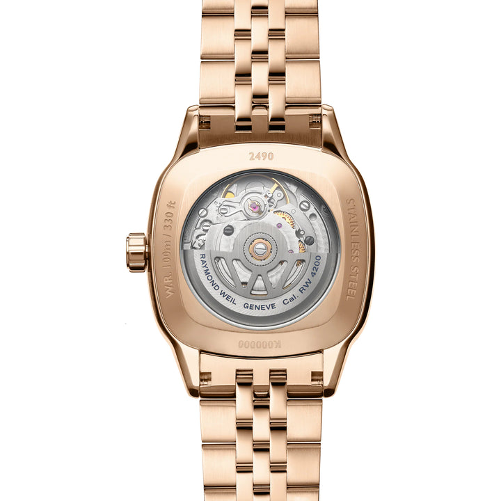 RAYMOND WEIL FREELANCER LADIES AUTOMATIC GREEN DIAL ROSE GOLD BRACELET CUSHION SHAPE WATCH