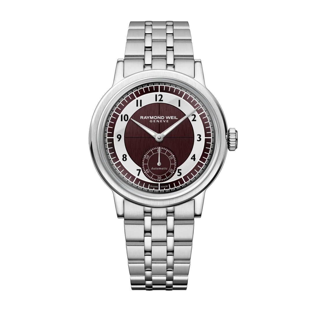 RAYMOND WEIL MILLESIME MEN'S AUTOMATIC SMALL SECONDS TUXEDO BURGUNDY AND LIGHT GREY DIAL BRACELET WATCH