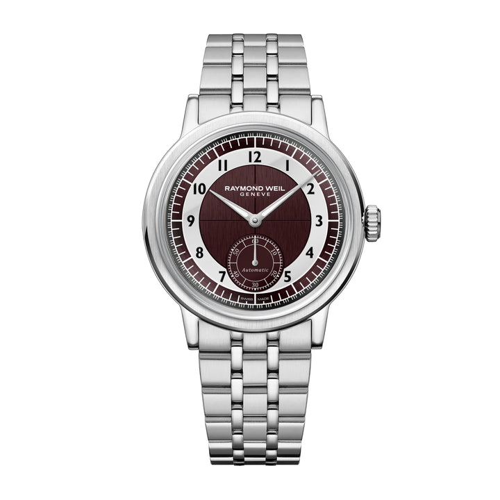 RAYMOND WEIL MILLESIME MEN'S AUTOMATIC SMALL SECONDS TUXEDO BURGUNDY AND LIGHT GREY DIAL BRACELET WATCH