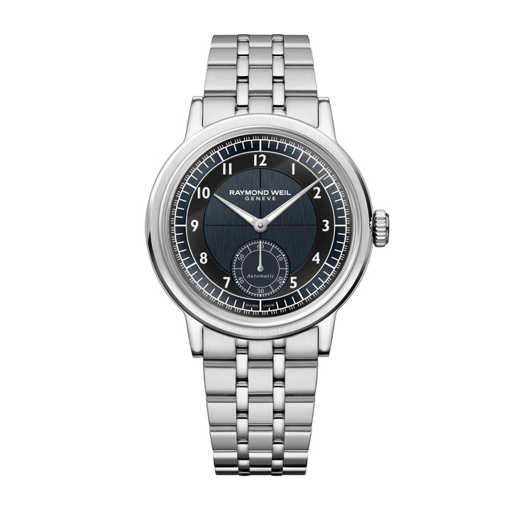 RAYMOND WEIL MILLESIME MEN'S AUTOMATIC SMALL SECONDS TUXEDO MIDNIGHT BLUE AND BLACK DIAL BRACELET WATCH