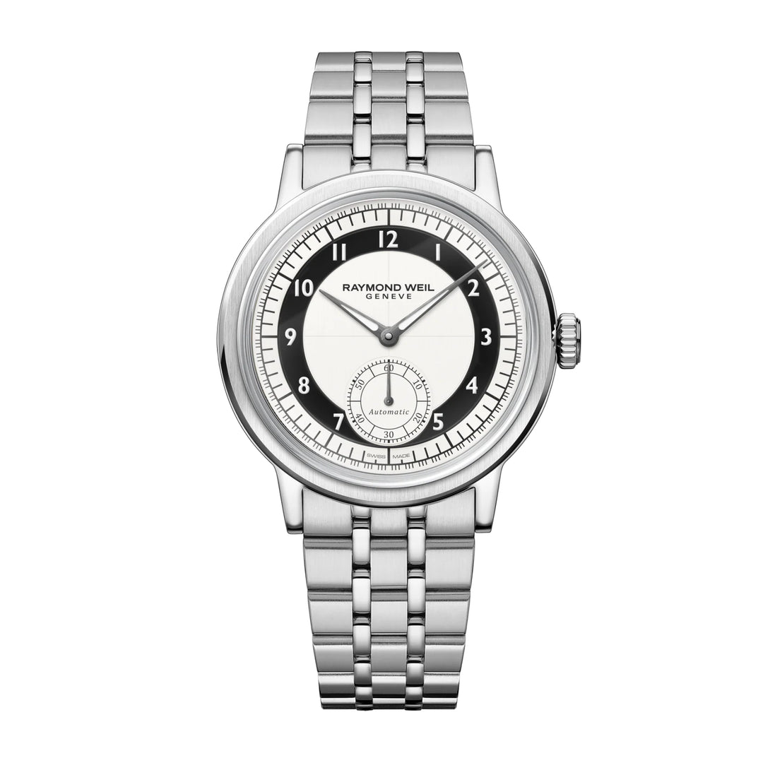 RAYMOND WEIL MILLESIME MEN'S AUTOMATIC SMALL SECONDS TUXEDO BLACK AND WHITE DIAL BRACELET WATCH
