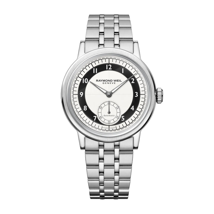 RAYMOND WEIL MILLESIME MEN'S AUTOMATIC SMALL SECONDS TUXEDO BLACK AND WHITE DIAL BRACELET WATCH