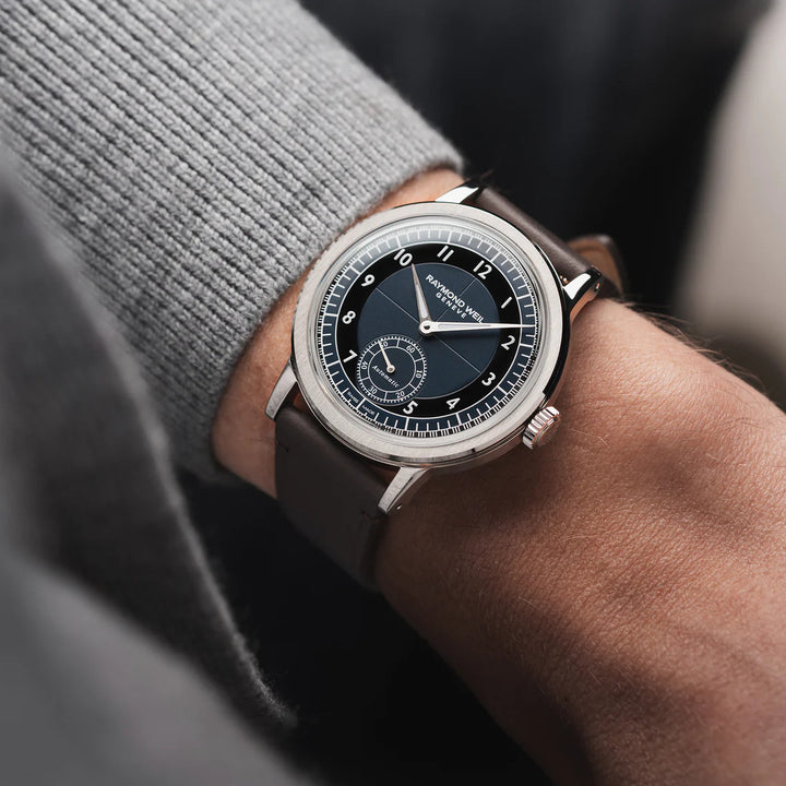 RAYMOND WEIL MILLESIME MEN'S AUTOMATIC SMALL SECONDS TUXEDO MIDNIGHT BLUE AND BLACK DIAL WATCH