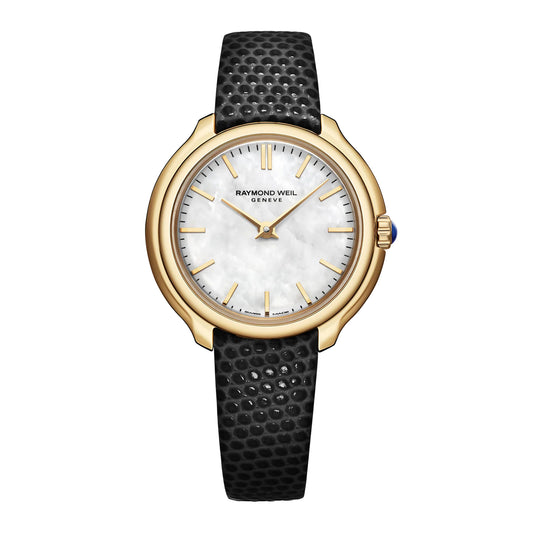 RAYMOND WEIL TOCCATA LADIES HERITAGE YELLOW GOLD PLATED LEATHER STRAP QUARTZ WATCH 28 MM
