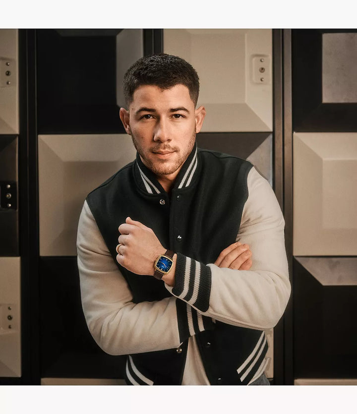 Fossil Unisex Nick Jonas x Fossil Machine Luxe Blue Vignette Three-Hand Brown Croco Leather Watch