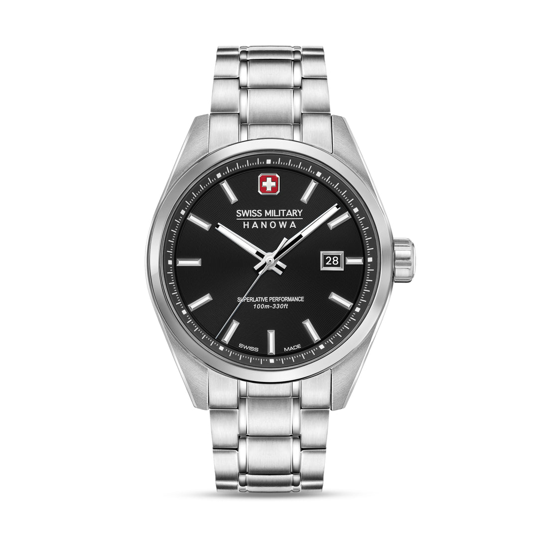 SWISS MILITARY HANOWA STAINLESS STEEEL CASE BLACK DIAL WATCH