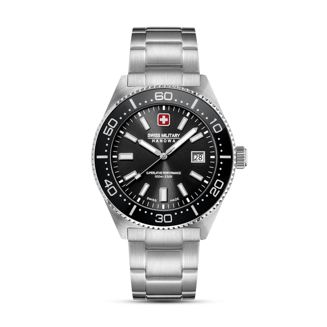 SWISS MILITARY HANOWA STAINLESS STEEEL CASE BLACK DIAL WATCH