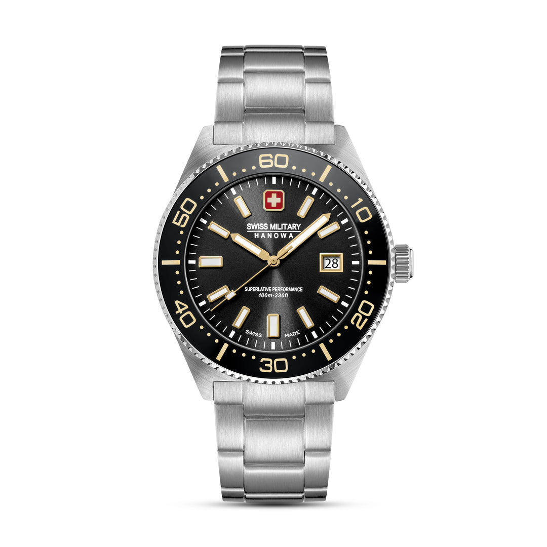 SWISS MILITARY HANOWA STAINLESS STEEEL CASE BLACK DIAL WATCH
