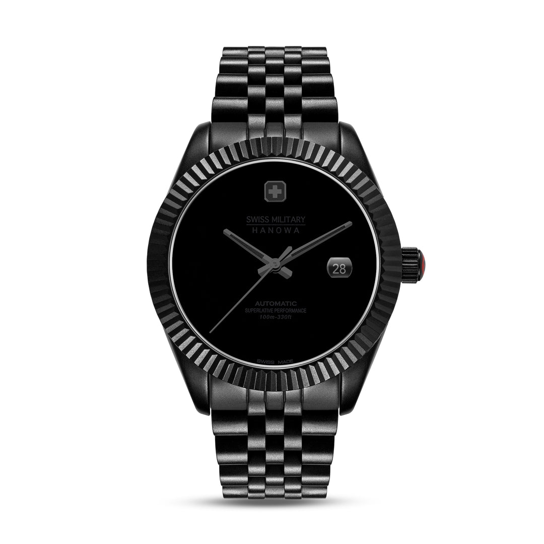 SWISS MILITARY HANOWA STAINLESS STEEL CASE MUSOU BLACK DIAL WATCH