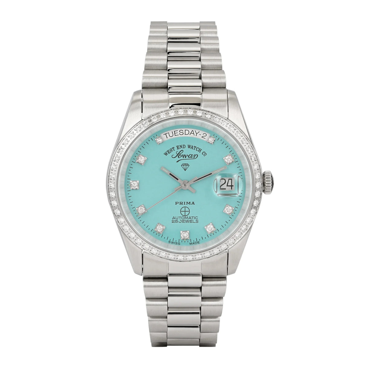 West End The Classics Automatic 37mm Stainless Steel Watch Turquoise Dial with Real Diamond in Bezel and Markers