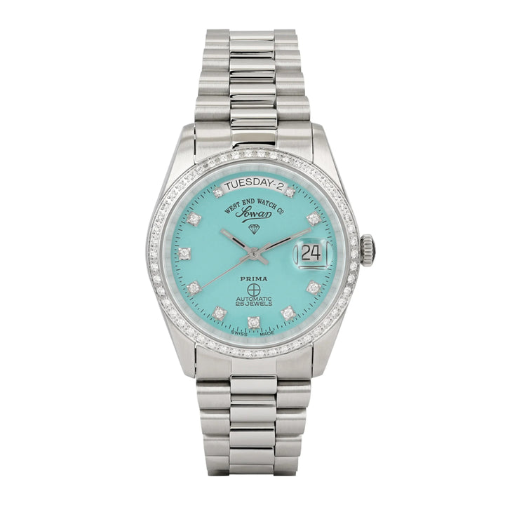 West End The Classics Automatic 37mm Stainless Steel Watch Turquoise Dial with Real Diamond in Bezel and Markers