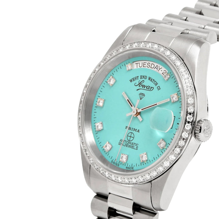 West End The Classics Automatic 37mm Stainless Steel Watch Turquoise Dial with Real Diamond in Bezel and Markers