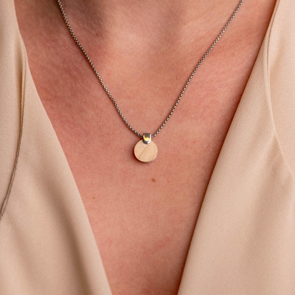 Woodwatch Women's Necklace in Circular Maple Pendant and Silver