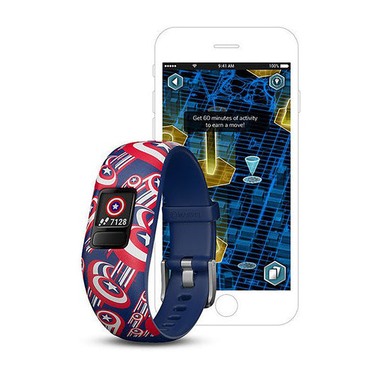 ساعة Garmin Vivofit Jr. 2 بحزام سيليكون يحمل طابع كابتن أمريكا وشاشة ملونة بالكامل