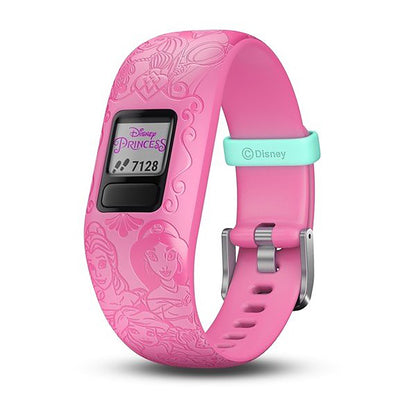 ساعة Garmin Vivofit Jr. 2 بحزام سيليكون يحمل أيقونات شخصيات أميرات وشاشة ملونة بالكامل