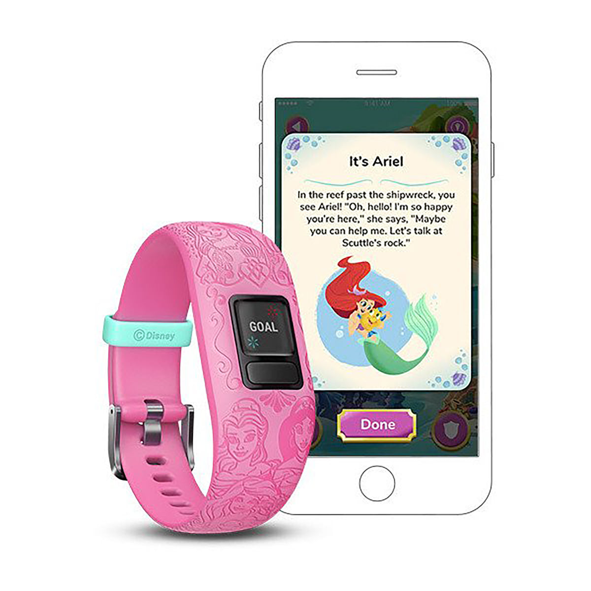 ساعة Garmin Vivofit Jr. 2 بحزام سيليكون يحمل أيقونات شخصيات أميرات وشاشة ملونة بالكامل