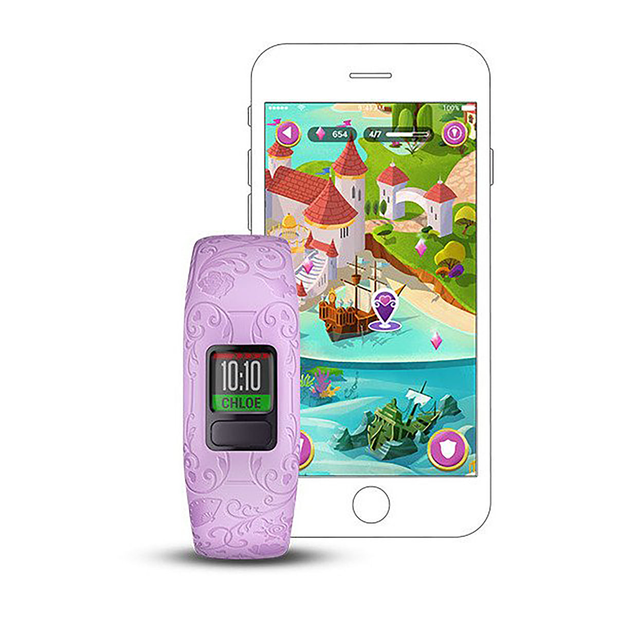 ساعة Garmin Vivofit Jr. 2 بحزام سيليكون يحمل أيقونات شخصيات أميرات ديزني وشاشة ملونة بالكامل