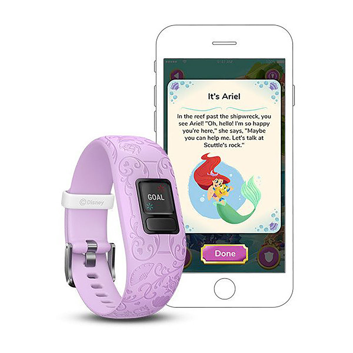ساعة Garmin Vivofit Jr. 2 بحزام سيليكون يحمل أيقونات شخصيات أميرات ديزني وشاشة ملونة بالكامل