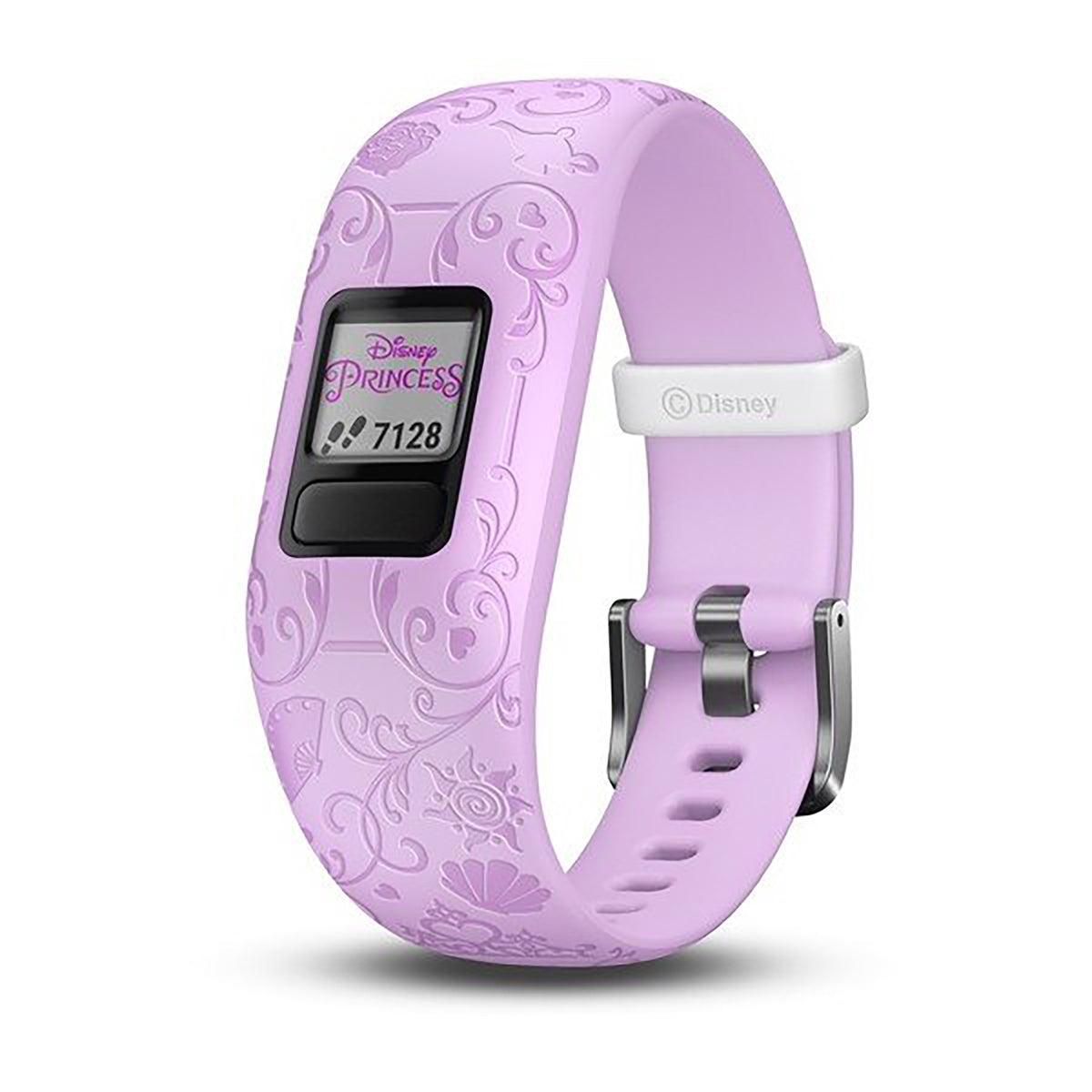 ساعة Garmin Vivofit Jr. 2 بحزام سيليكون يحمل أيقونات شخصيات أميرات ديزني وشاشة ملونة بالكامل
