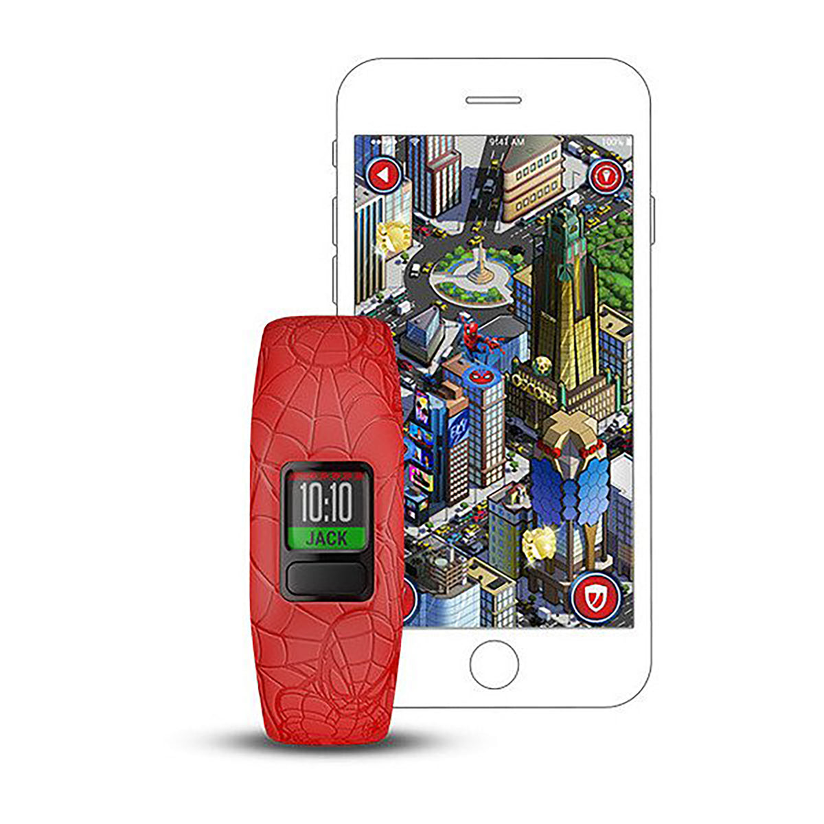 ساعة Garmin Vivofit Jr. 2 بحزام سيليكون أحمر بتصميم سبايدرمان وشاشة ملونة بالكامل
