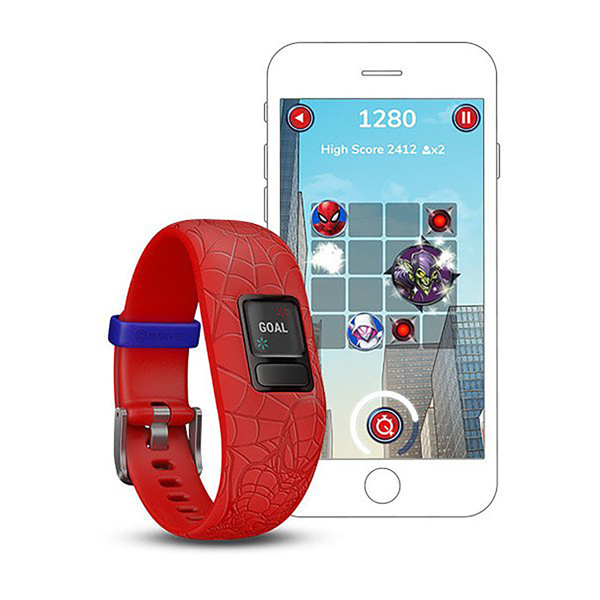 ساعة Garmin Vivofit Jr. 2 بحزام سيليكون أحمر بتصميم سبايدرمان وشاشة ملونة بالكامل
