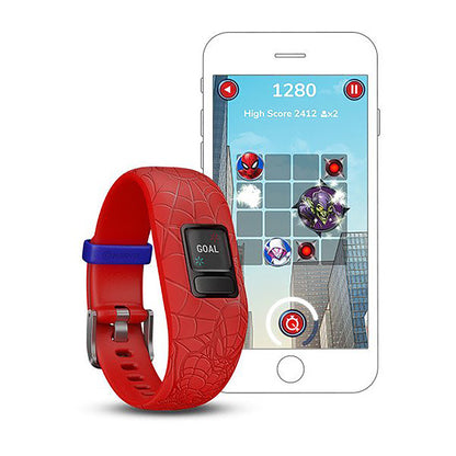 ساعة Garmin Vivofit Jr. 2 بحزام سيليكون أحمر بتصميم سبايدرمان وشاشة ملونة بالكامل