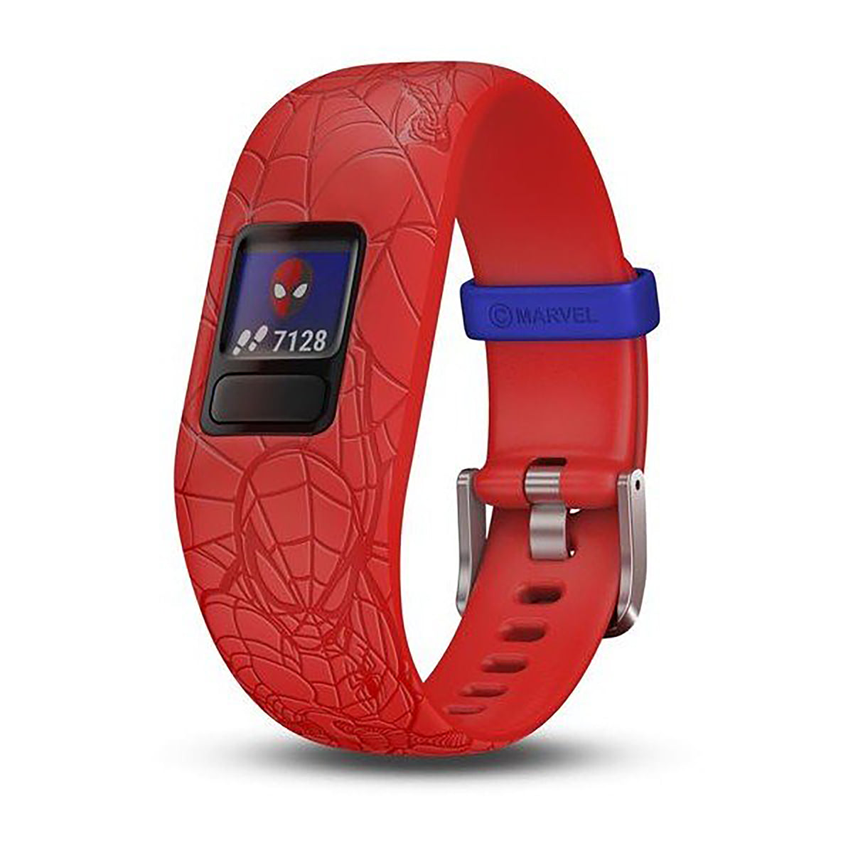 ساعة Garmin Vivofit Jr. 2 بحزام سيليكون أحمر بتصميم سبايدرمان وشاشة ملونة بالكامل