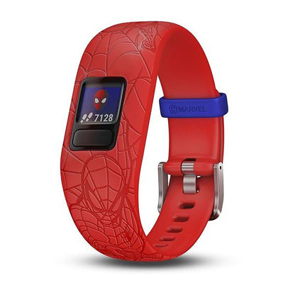 ساعة Garmin Vivofit Jr. 2 بحزام سيليكون أحمر بتصميم سبايدرمان وشاشة ملونة بالكامل