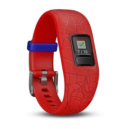ساعة Garmin Vivofit Jr. 2 بحزام سيليكون أحمر بتصميم سبايدرمان وشاشة ملونة بالكامل