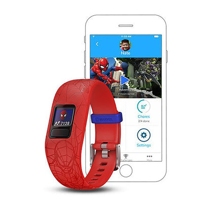 ساعة Garmin Vivofit Jr. 2 بحزام سيليكون أحمر بتصميم سبايدرمان وشاشة ملونة بالكامل