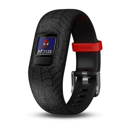 ساعة Garmin Vivofit Jr. 2 بحزام سيليكون أسود بتصميم سبايدرمان وشاشة ملونة بالكامل
