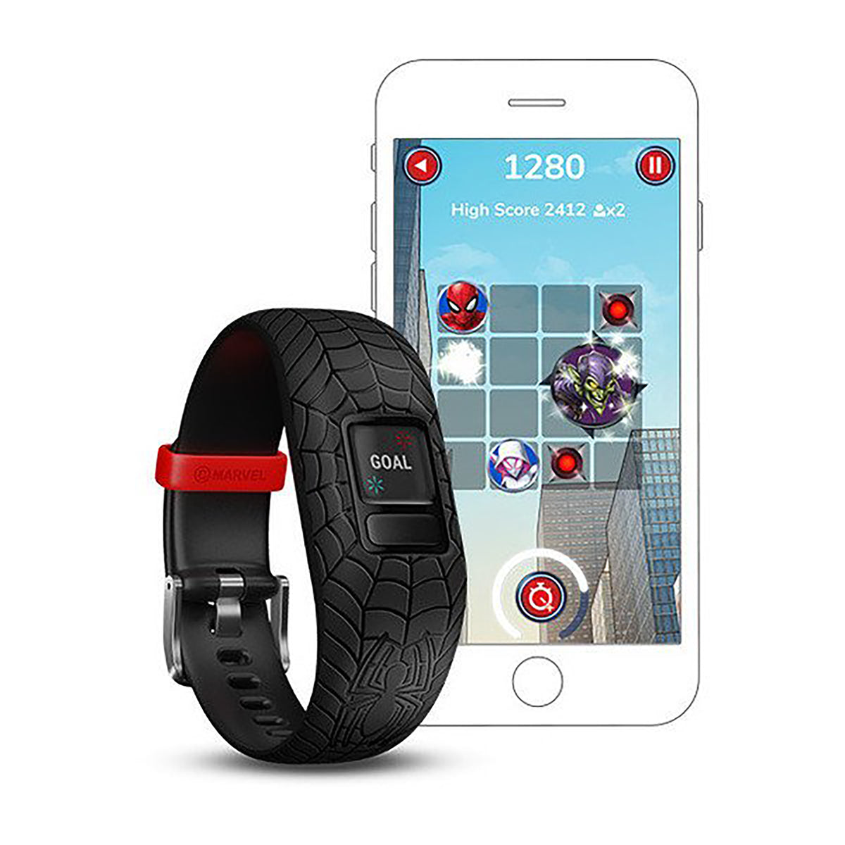 ساعة Garmin Vivofit Jr. 2 بحزام سيليكون أسود بتصميم سبايدرمان وشاشة ملونة بالكامل