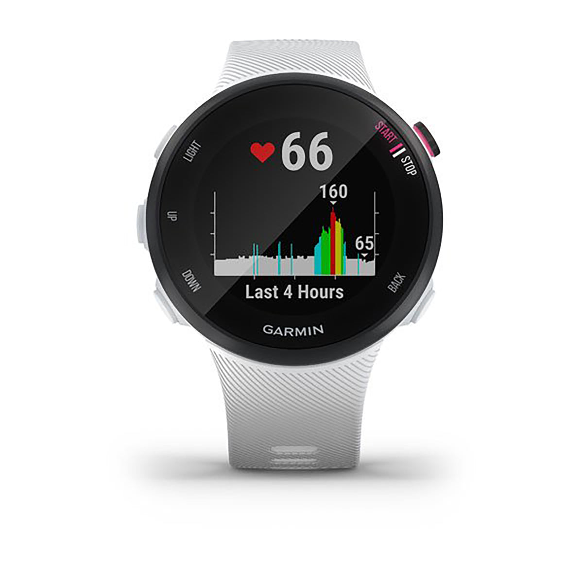 ساعة Garmin Forerunner 45S بسوار سيليكون أبيض وشاشة ملونة بالكامل