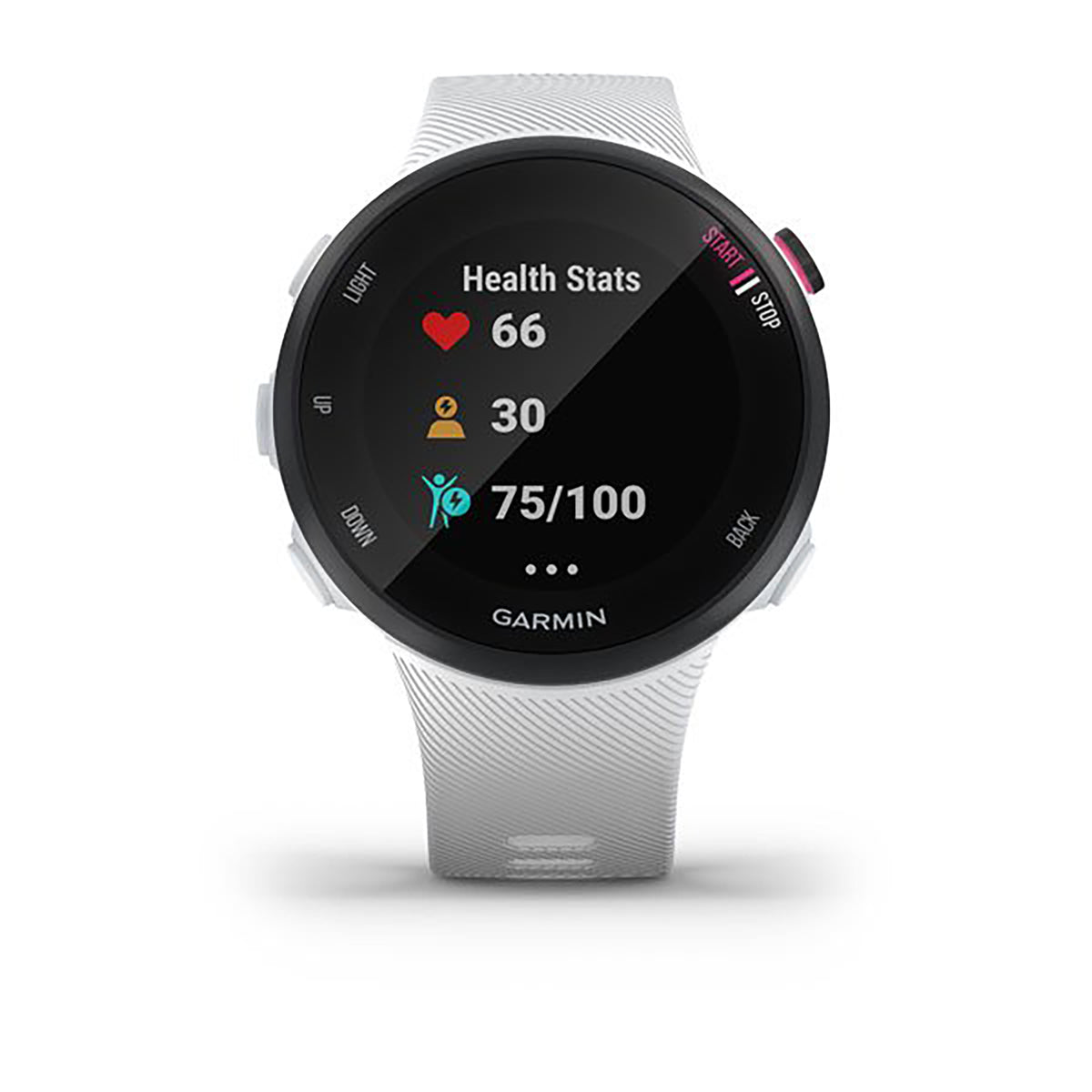 ساعة Garmin Forerunner 45S بسوار سيليكون أبيض وشاشة ملونة بالكامل
