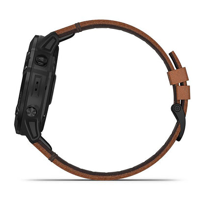 ساعة Garmin Fenix 6X Pro و Sapphire Editions بحزام جلدي بني وشاشة ملونة بالكامل
